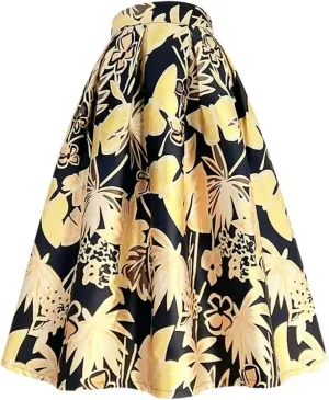 Spring Autumn Women Vintage Yellow Floral Print High Waist Pleated Long Midi Skirt