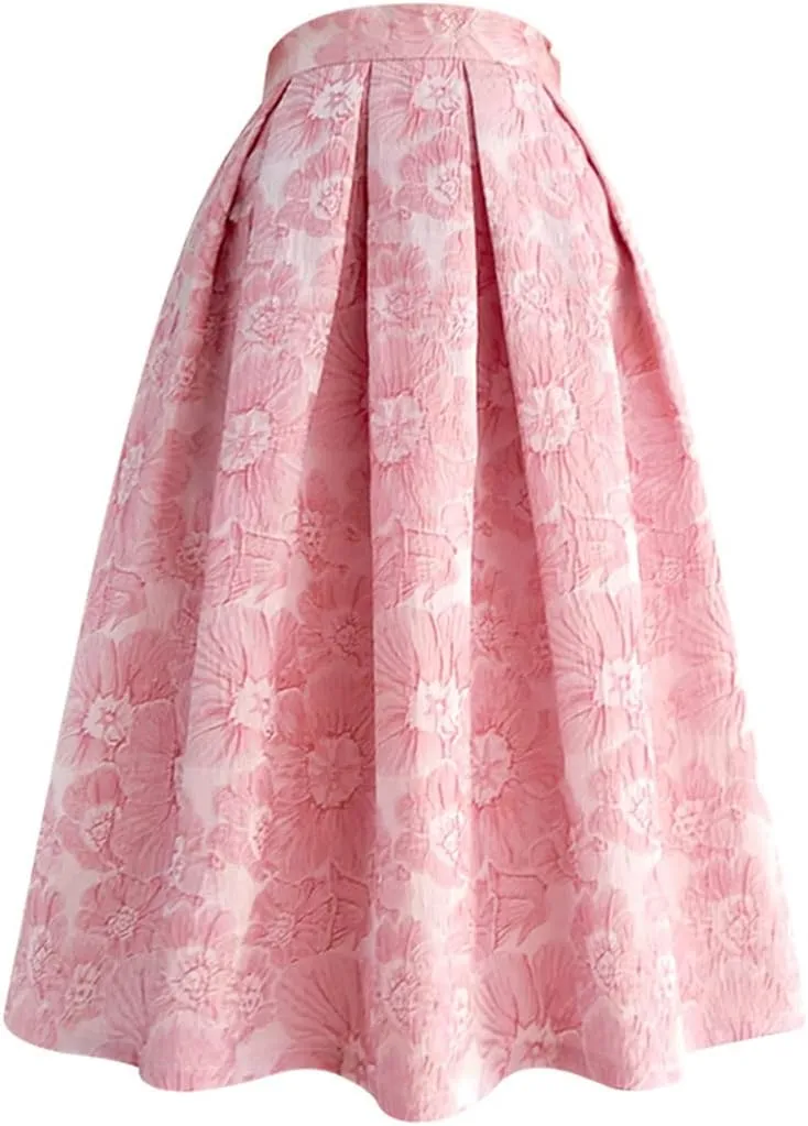 Spring Summer Vintage Embroidery High Waist Midi Pleated Skirt