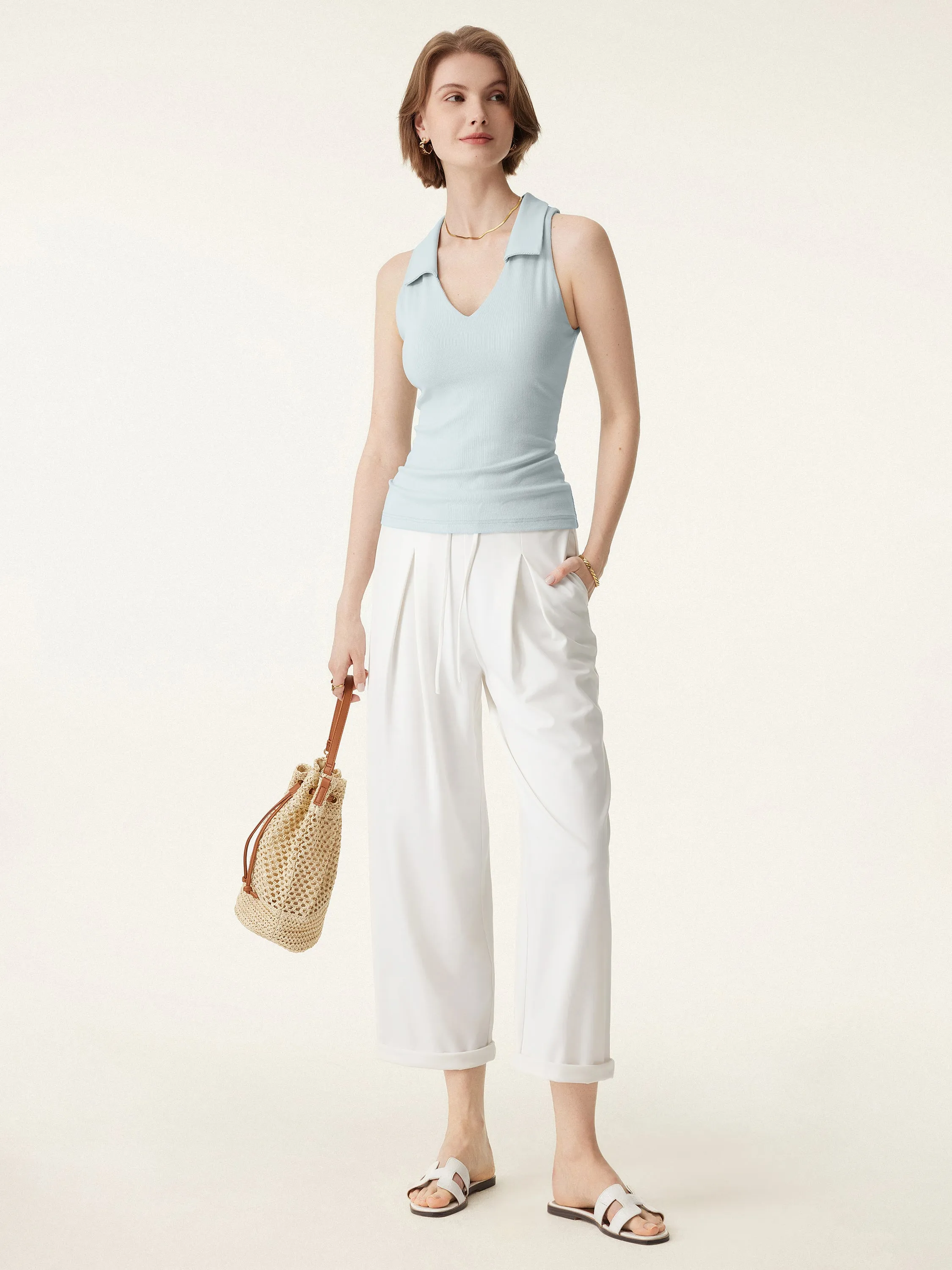 Stretch Cotton V-neck Collared Brami Top