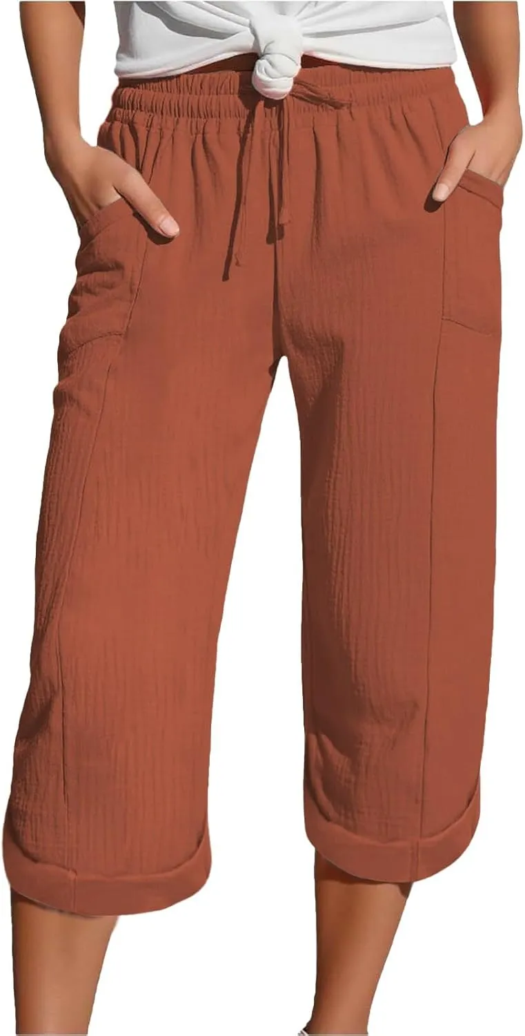 Summer Capris for Women Cotton Linen Pants 2025 Loose Comfy Trendy Elastic Waist Cropped Trouser Beach Clothes