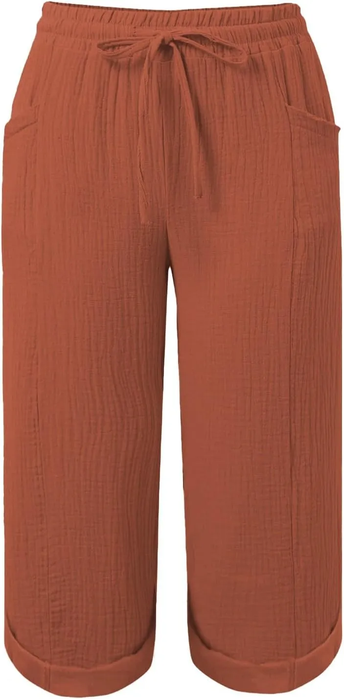 Summer Capris for Women Cotton Linen Pants 2025 Loose Comfy Trendy Elastic Waist Cropped Trouser Beach Clothes