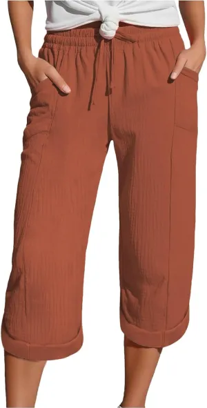 Summer Capris for Women Cotton Linen Pants 2025 Loose Comfy Trendy Elastic Waist Cropped Trouser Beach Clothes
