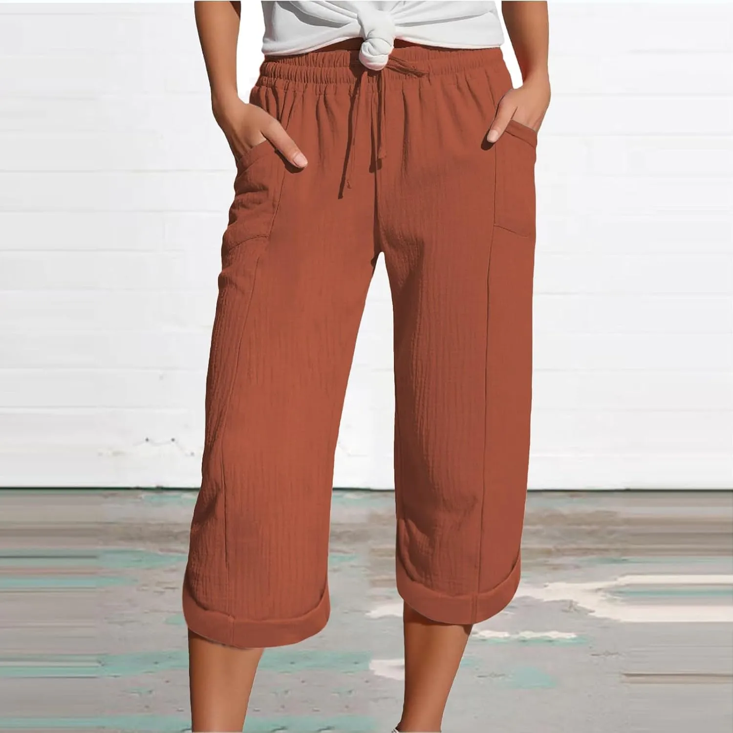 Summer Capris for Women Cotton Linen Pants 2025 Loose Comfy Trendy Elastic Waist Cropped Trouser Beach Clothes