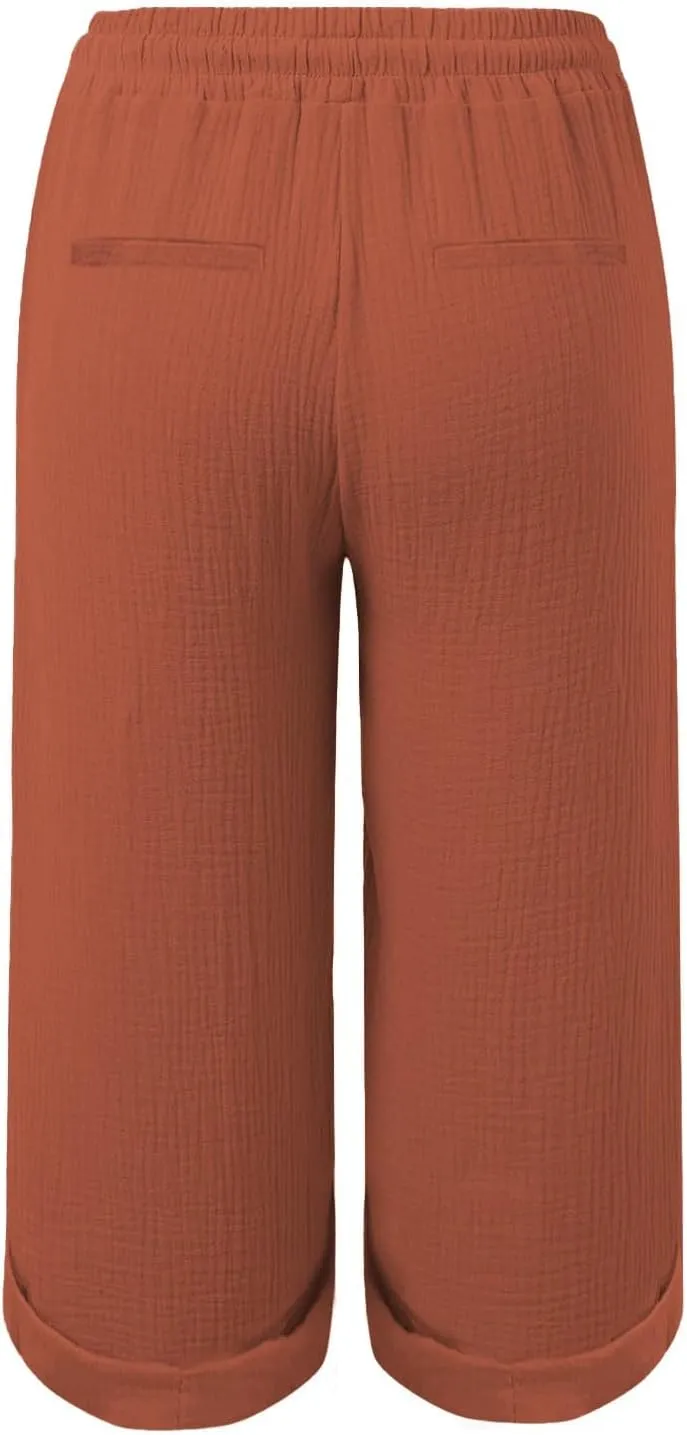 Summer Capris for Women Cotton Linen Pants 2025 Loose Comfy Trendy Elastic Waist Cropped Trouser Beach Clothes