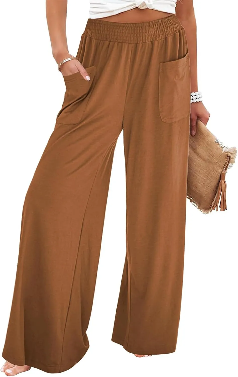 Summer Linen Pants Women Lightweight Comfy Wide Leg Pants Soft Casual Elastic Waisted Palazzo Trousers with Pockets