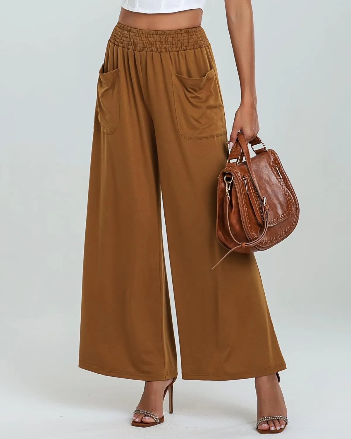 Summer Linen Pants Women Lightweight Comfy Wide Leg Pants Soft Casual Elastic Waisted Palazzo Trousers with Pockets
