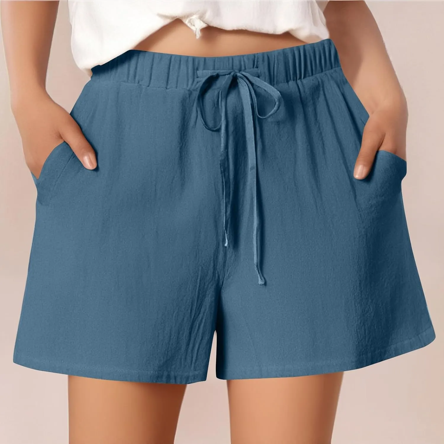 Summer Shorts for Women Baggy High Rise Linen Shorts Vacation Straight Elastic with Pocket Solid Loose Fit Pants 2025