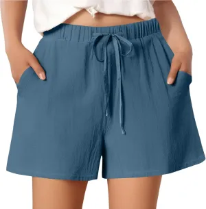 Summer Shorts for Women Baggy High Rise Linen Shorts Vacation Straight Elastic with Pocket Solid Loose Fit Pants 2025