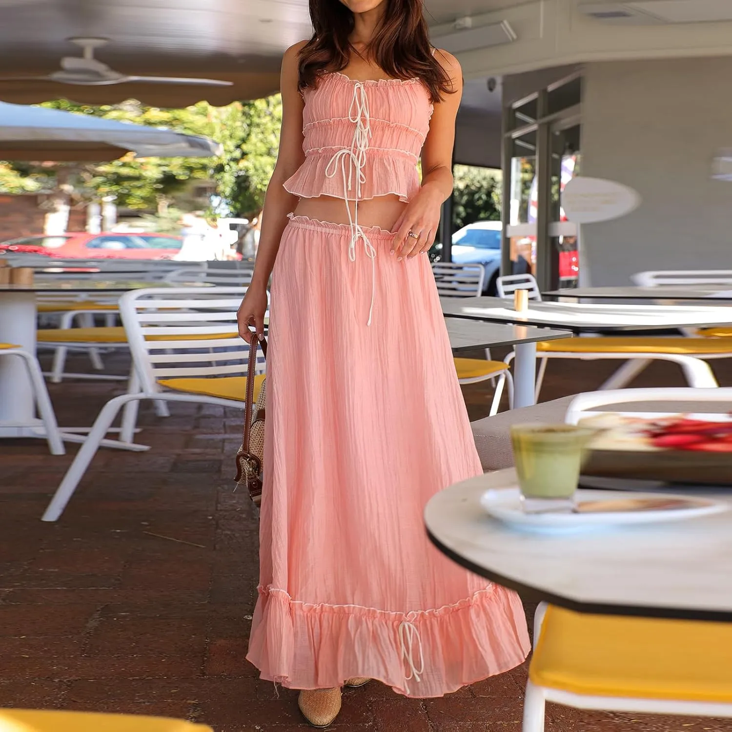 Summer Skirts Sets Women 2 Piece Outfits Y2k Fairy Patchwork Ruched Tie-Up Spaghetti Strap Camisoles Tank Tops Long Skirts