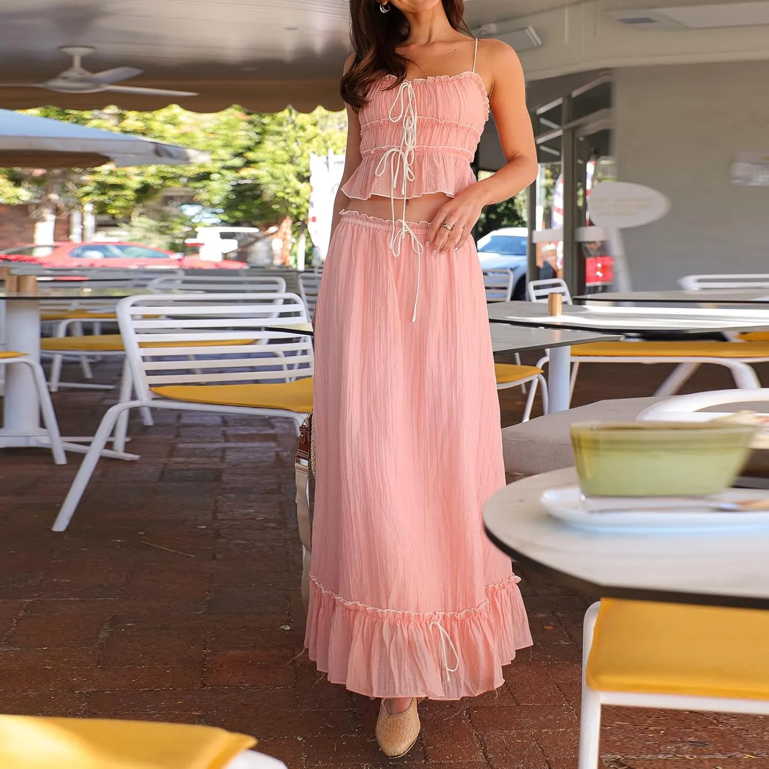 Summer Skirts Sets Women 2 Piece Outfits Y2k Fairy Patchwork Ruched Tie-Up Spaghetti Strap Camisoles Tank Tops Long Skirts