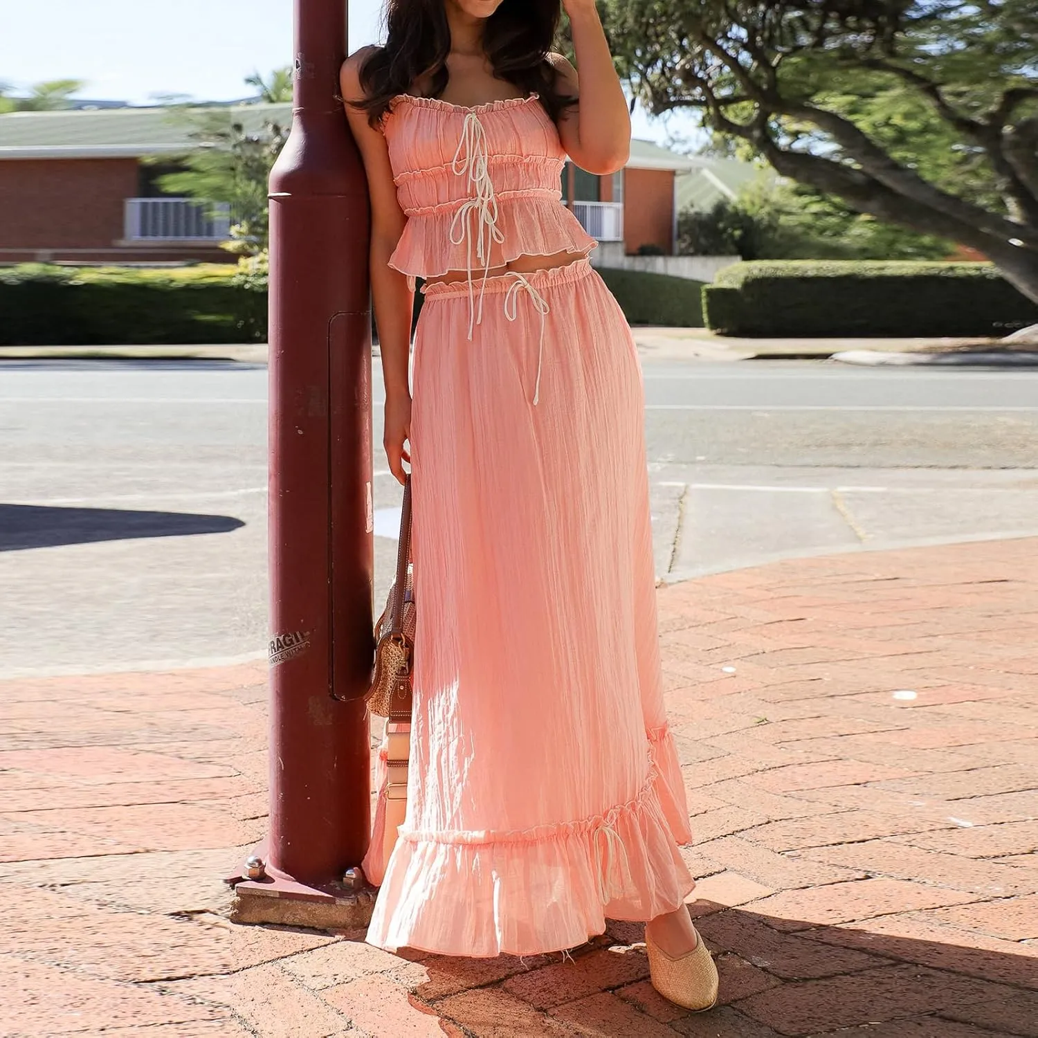 Summer Skirts Sets Women 2 Piece Outfits Y2k Fairy Patchwork Ruched Tie-Up Spaghetti Strap Camisoles Tank Tops Long Skirts