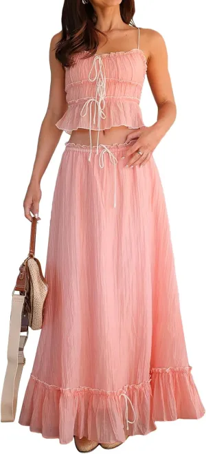 Summer Skirts Sets Women 2 Piece Outfits Y2k Fairy Patchwork Ruched Tie-Up Spaghetti Strap Camisoles Tank Tops Long Skirts