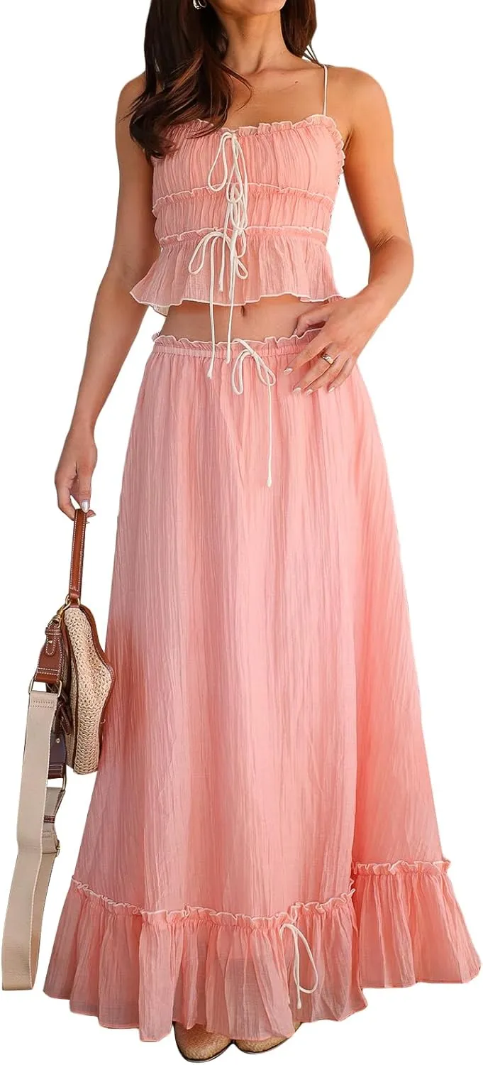 Summer Skirts Sets Women 2 Piece Outfits Y2k Fairy Patchwork Ruched Tie-Up Spaghetti Strap Camisoles Tank Tops Long Skirts