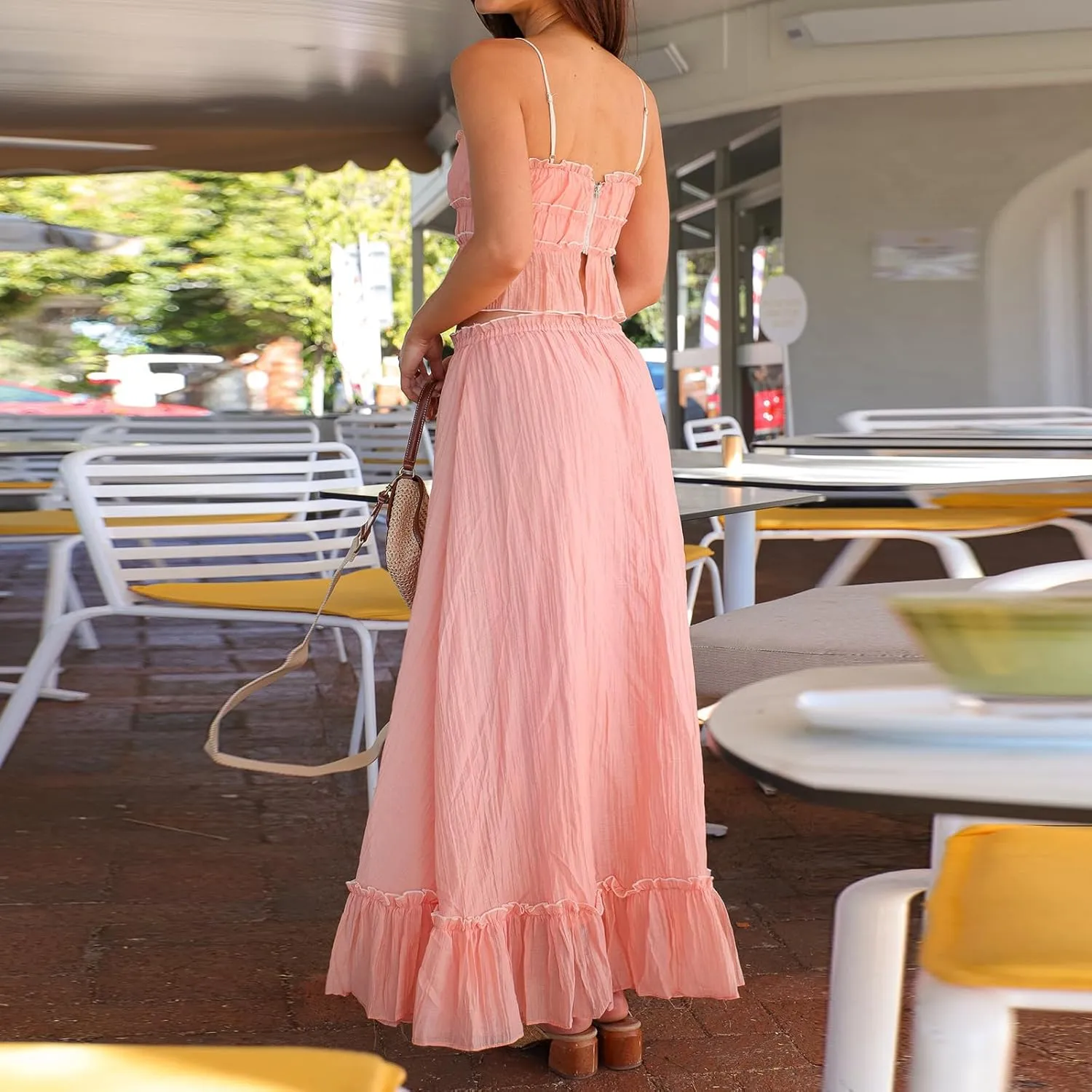 Summer Skirts Sets Women 2 Piece Outfits Y2k Fairy Patchwork Ruched Tie-Up Spaghetti Strap Camisoles Tank Tops Long Skirts