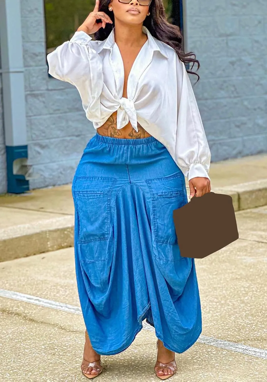 Tcremisa Women's Y2K Irregular Denim Skirt Loose Elastic High Waisted Midi Jean Skirts with Big Pockets