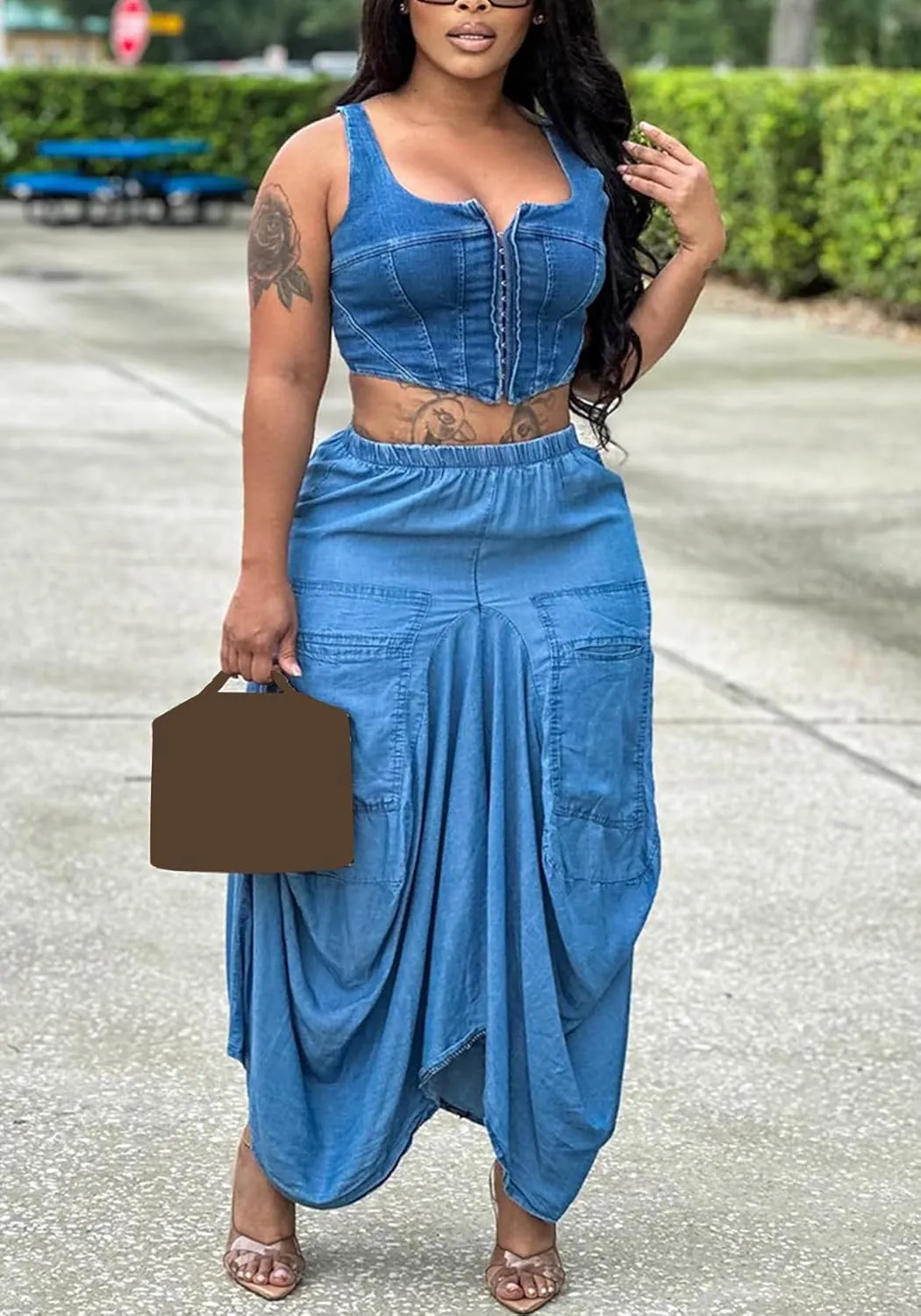 Tcremisa Women's Y2K Irregular Denim Skirt Loose Elastic High Waisted Midi Jean Skirts with Big Pockets