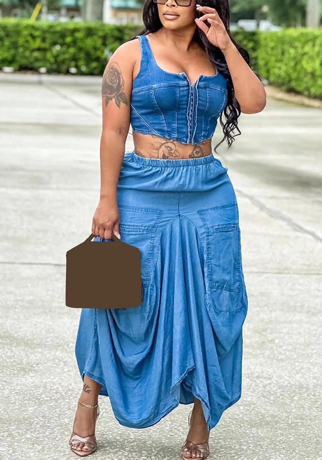 Tcremisa Women's Y2K Irregular Denim Skirt Loose Elastic High Waisted Midi Jean Skirts with Big Pockets