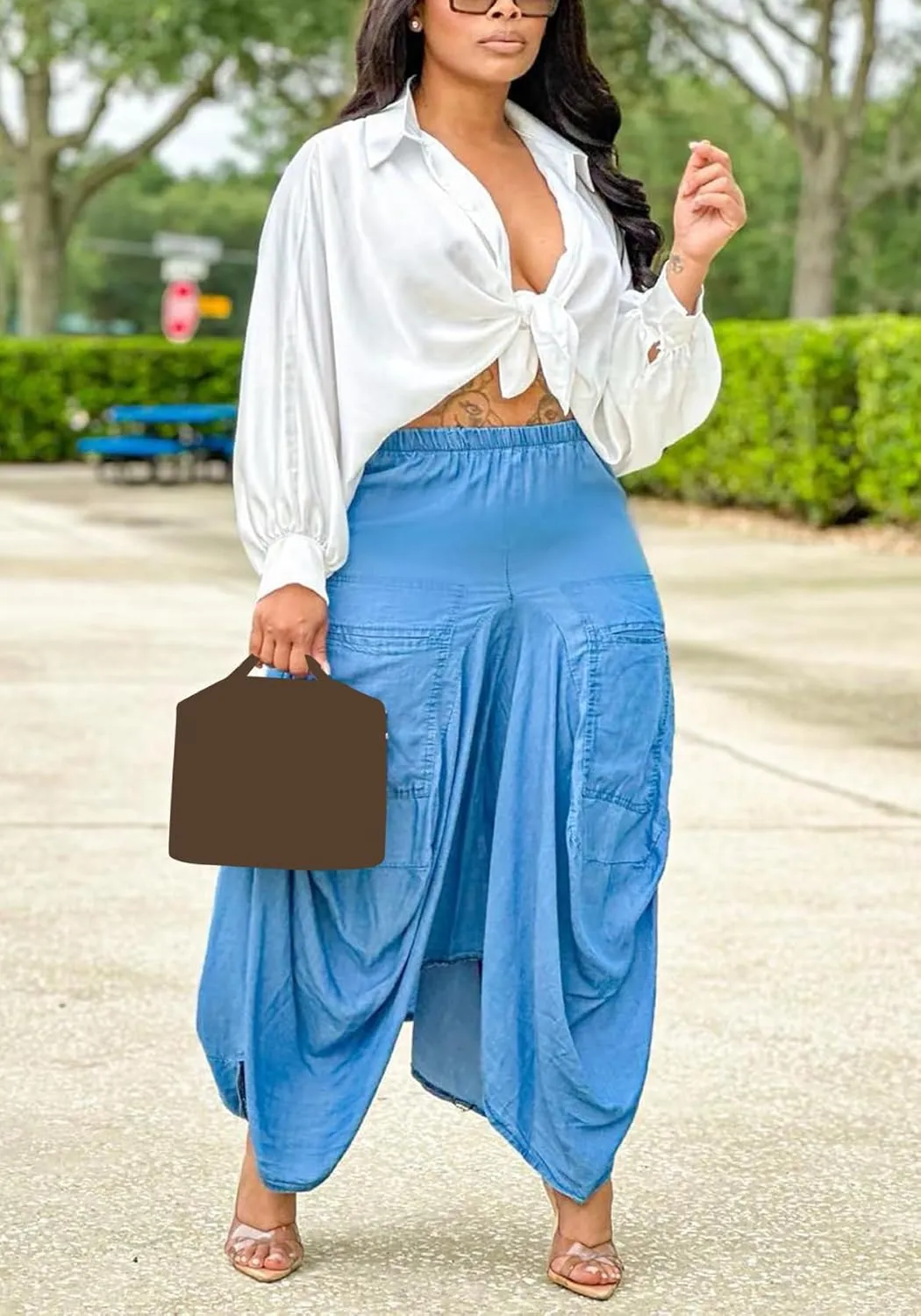Tcremisa Women's Y2K Irregular Denim Skirt Loose Elastic High Waisted Midi Jean Skirts with Big Pockets