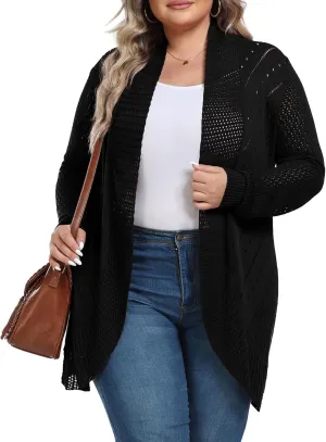 TIANZHU Plus Size Lightweight Long Crochet Cardigan for Women Open Front Knit Cardigan Sweaters Casual Loose Coat