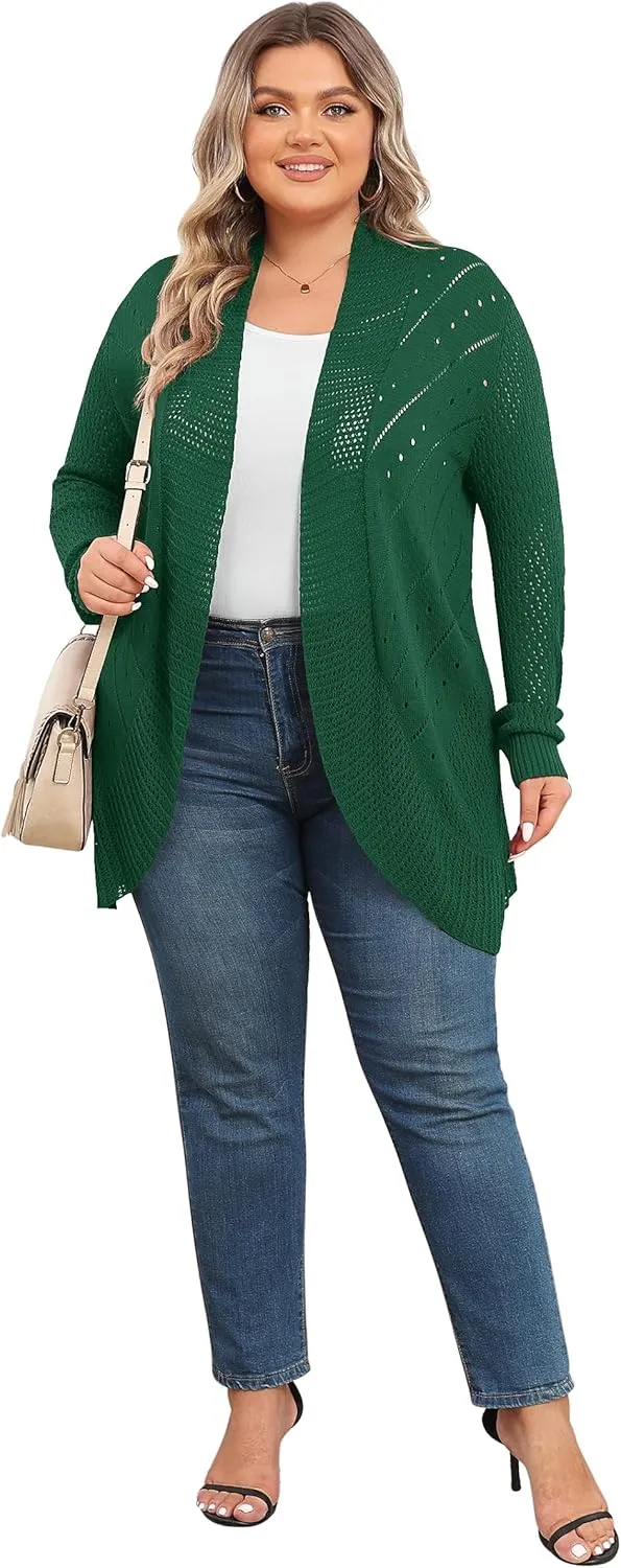 TIANZHU Plus Size Lightweight Long Crochet Cardigan for Women Open Front Knit Cardigan Sweaters Casual Loose Coat