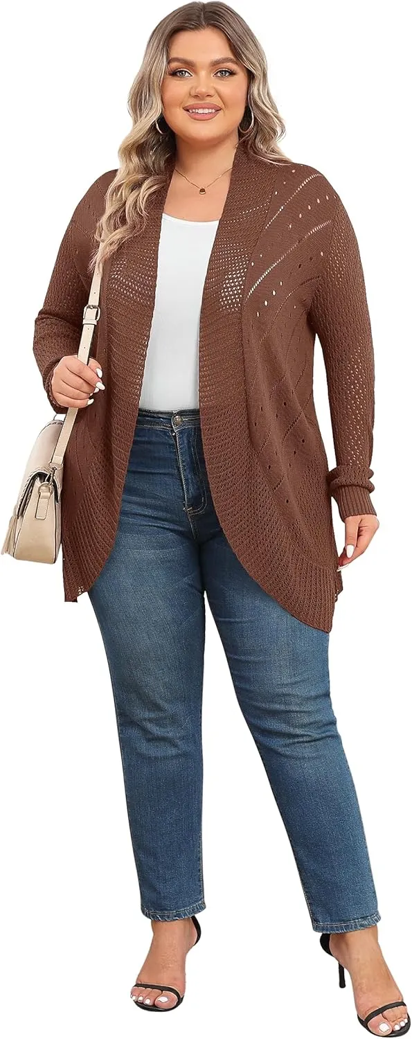 TIANZHU Plus Size Lightweight Long Crochet Cardigan for Women Open Front Knit Cardigan Sweaters Casual Loose Coat