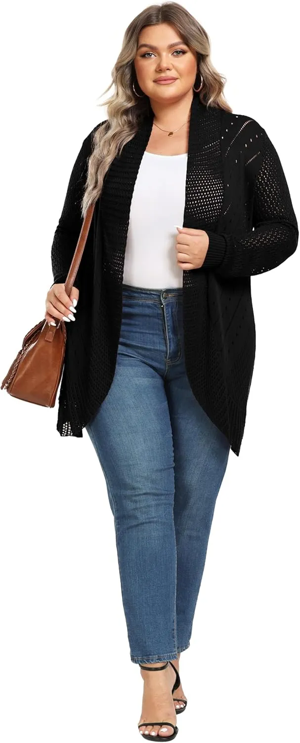 TIANZHU Plus Size Lightweight Long Crochet Cardigan for Women Open Front Knit Cardigan Sweaters Casual Loose Coat