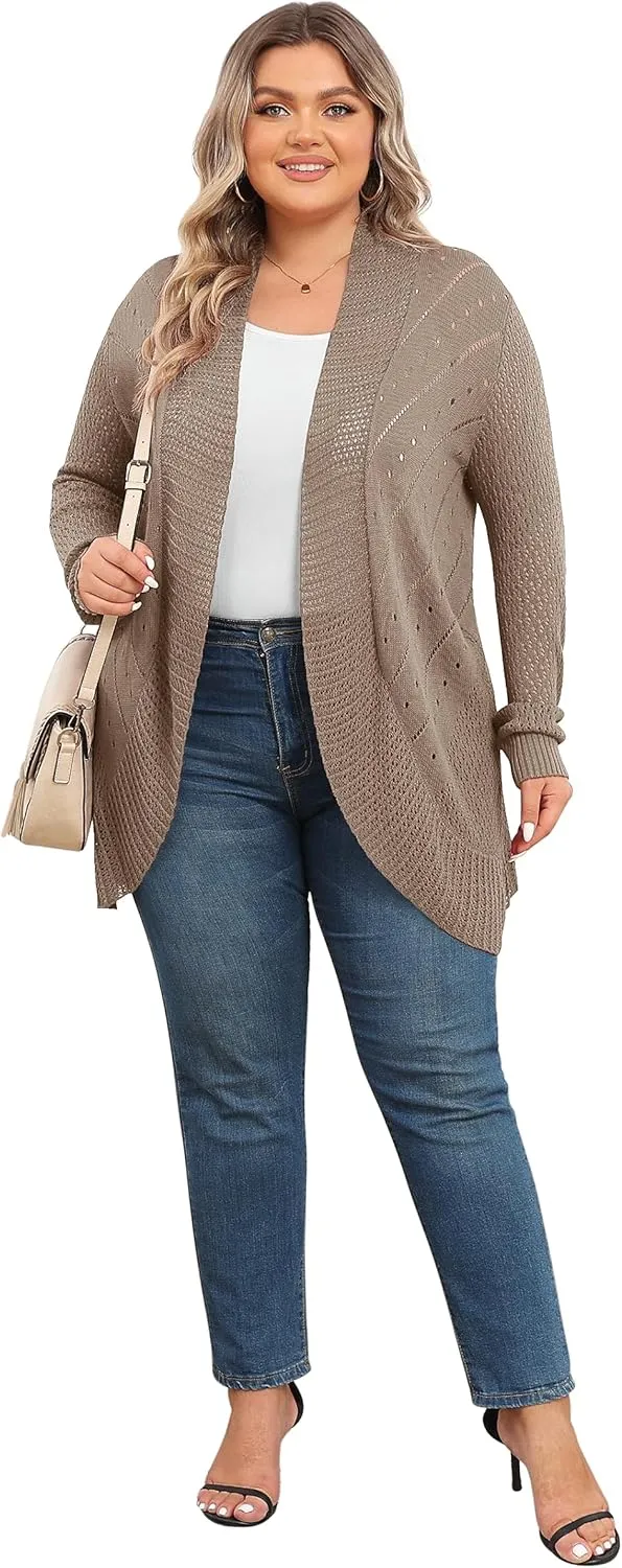 TIANZHU Plus Size Lightweight Long Crochet Cardigan for Women Open Front Knit Cardigan Sweaters Casual Loose Coat