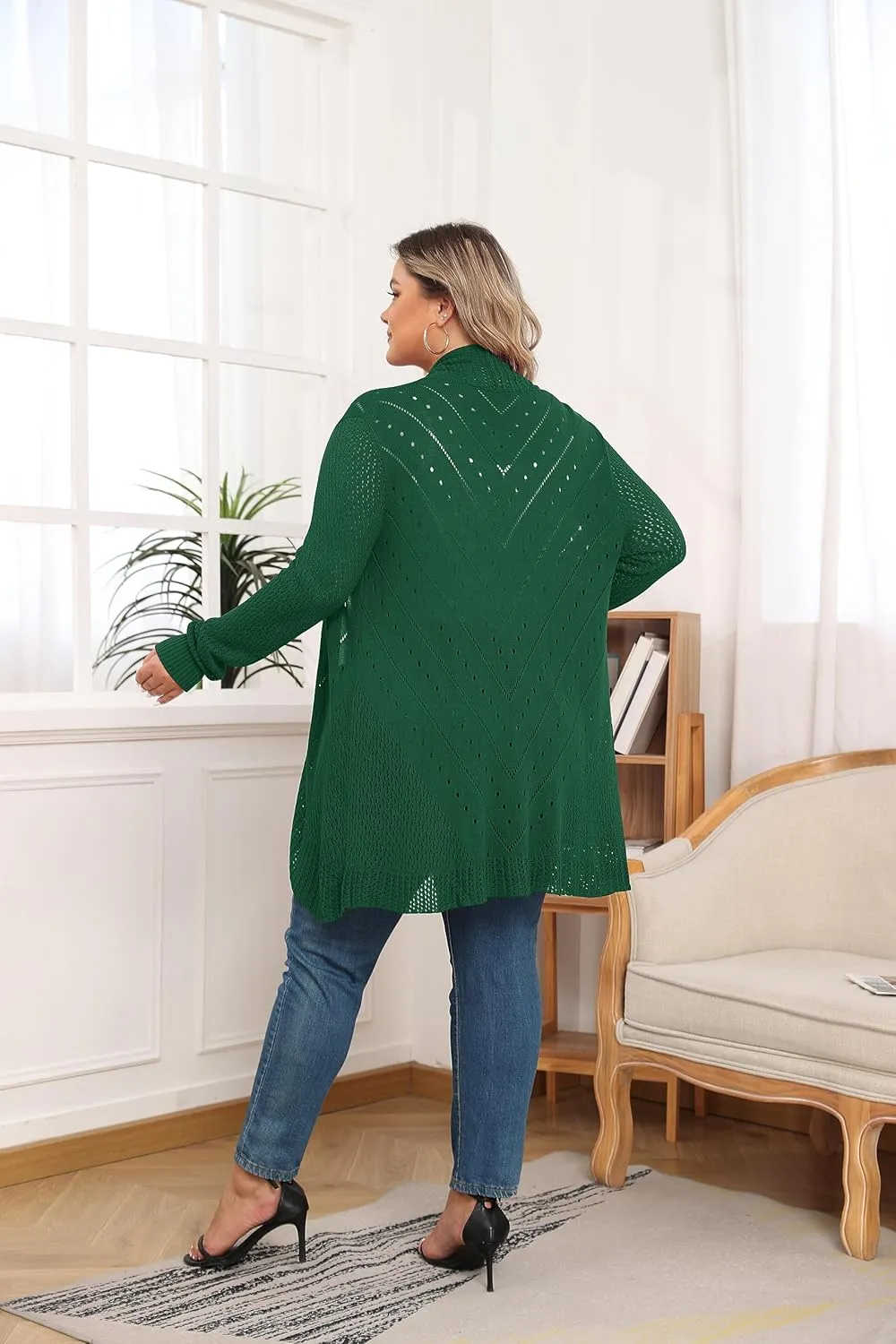 TIANZHU Plus Size Lightweight Long Crochet Cardigan for Women Open Front Knit Cardigan Sweaters Casual Loose Coat