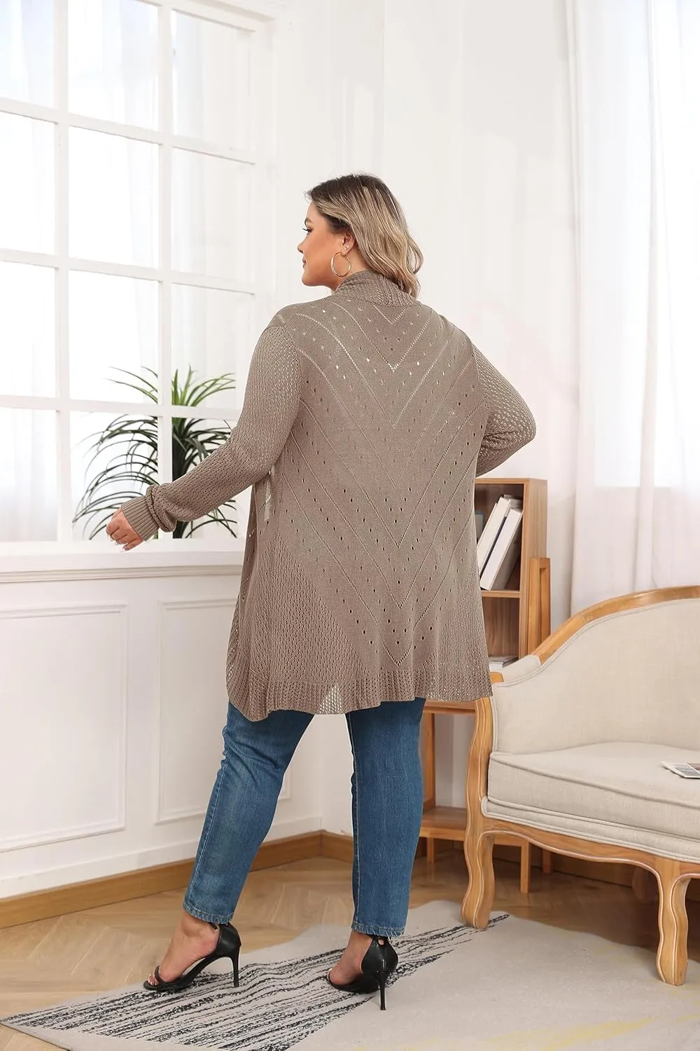 TIANZHU Plus Size Lightweight Long Crochet Cardigan for Women Open Front Knit Cardigan Sweaters Casual Loose Coat