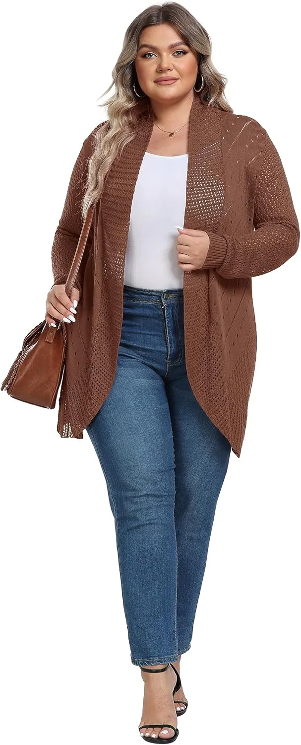 TIANZHU Plus Size Lightweight Long Crochet Cardigan for Women Open Front Knit Cardigan Sweaters Casual Loose Coat