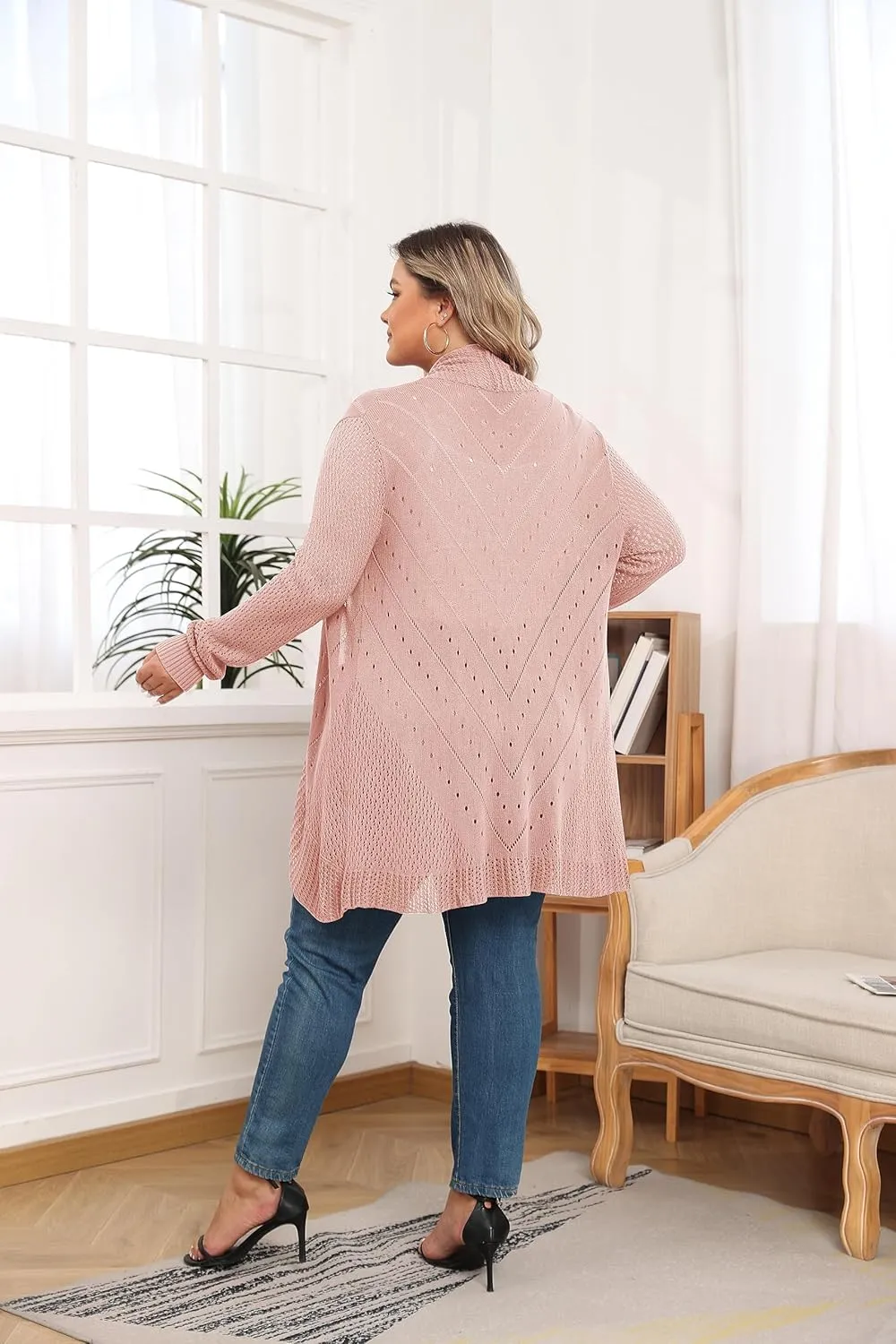 TIANZHU Plus Size Lightweight Long Crochet Cardigan for Women Open Front Knit Cardigan Sweaters Casual Loose Coat