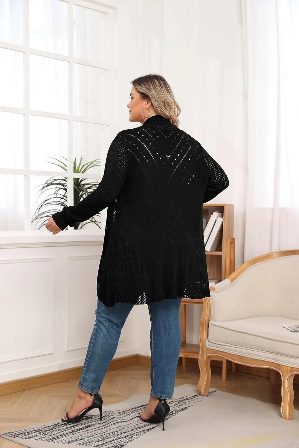 TIANZHU Plus Size Lightweight Long Crochet Cardigan for Women Open Front Knit Cardigan Sweaters Casual Loose Coat
