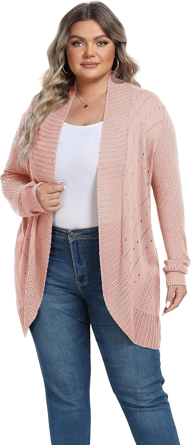 TIANZHU Plus Size Lightweight Long Crochet Cardigan for Women Open Front Knit Cardigan Sweaters Casual Loose Coat