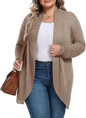TIANZHU Plus Size Lightweight Long Crochet Cardigan for Women Open Front Knit Cardigan Sweaters Casual Loose Coat
