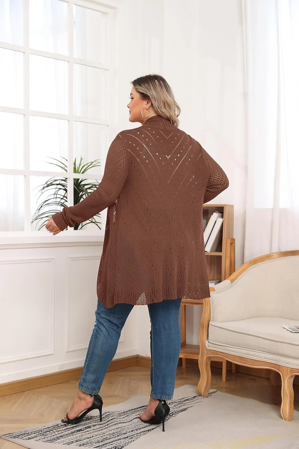 TIANZHU Plus Size Lightweight Long Crochet Cardigan for Women Open Front Knit Cardigan Sweaters Casual Loose Coat