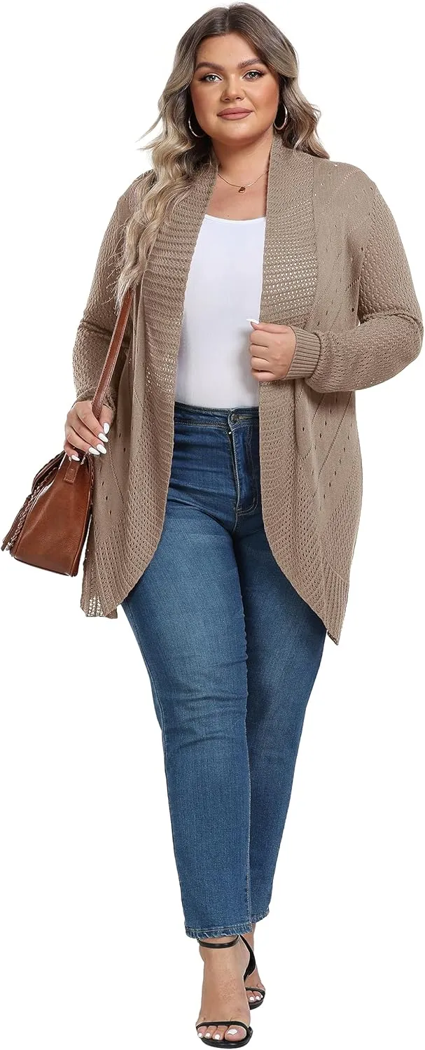 TIANZHU Plus Size Lightweight Long Crochet Cardigan for Women Open Front Knit Cardigan Sweaters Casual Loose Coat