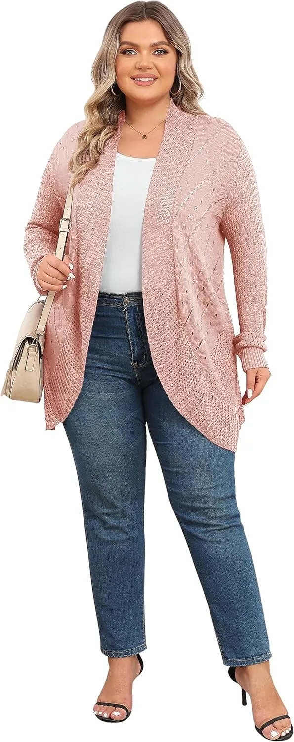 TIANZHU Plus Size Lightweight Long Crochet Cardigan for Women Open Front Knit Cardigan Sweaters Casual Loose Coat