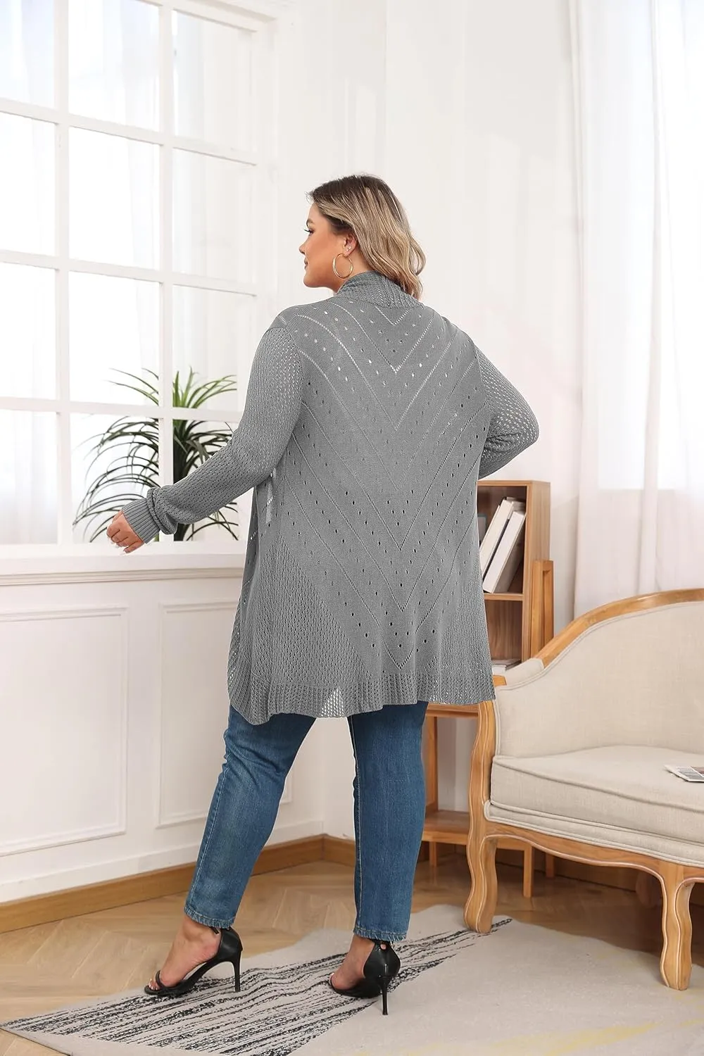 TIANZHU Plus Size Lightweight Long Crochet Cardigan for Women Open Front Knit Cardigan Sweaters Casual Loose Coat