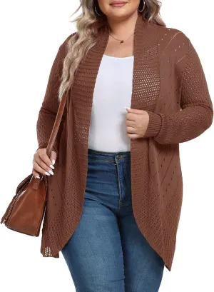 TIANZHU Plus Size Lightweight Long Crochet Cardigan for Women Open Front Knit Cardigan Sweaters Casual Loose Coat