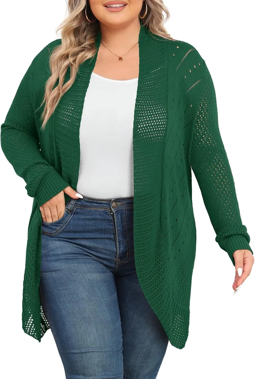 TIANZHU Plus Size Lightweight Long Crochet Cardigan for Women Open Front Knit Cardigan Sweaters Casual Loose Coat