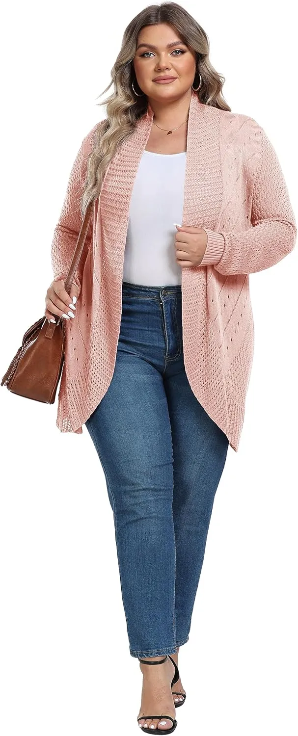 TIANZHU Plus Size Lightweight Long Crochet Cardigan for Women Open Front Knit Cardigan Sweaters Casual Loose Coat