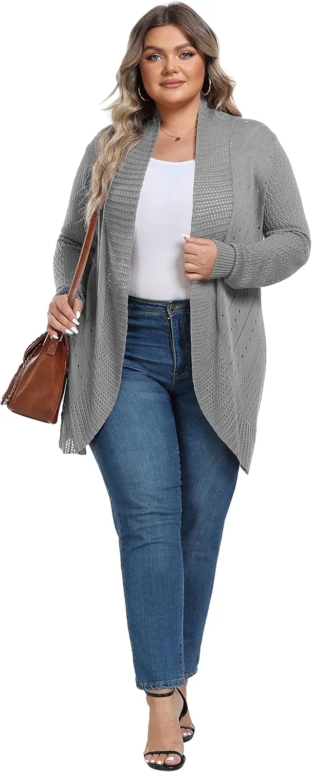 TIANZHU Plus Size Lightweight Long Crochet Cardigan for Women Open Front Knit Cardigan Sweaters Casual Loose Coat