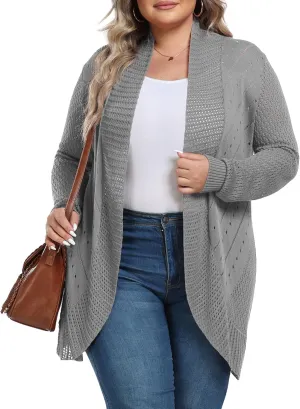 TIANZHU Plus Size Lightweight Long Crochet Cardigan for Women Open Front Knit Cardigan Sweaters Casual Loose Coat