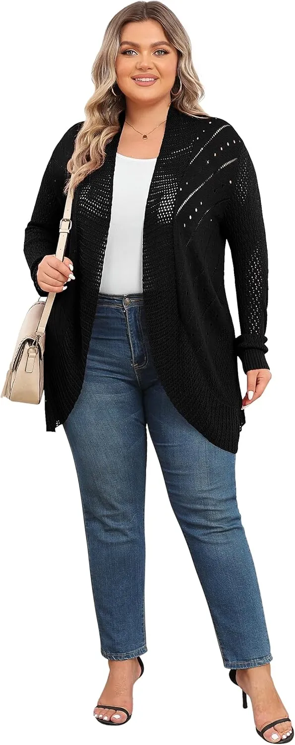 TIANZHU Plus Size Lightweight Long Crochet Cardigan for Women Open Front Knit Cardigan Sweaters Casual Loose Coat