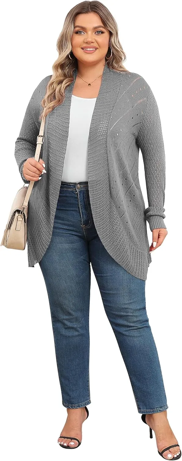 TIANZHU Plus Size Lightweight Long Crochet Cardigan for Women Open Front Knit Cardigan Sweaters Casual Loose Coat