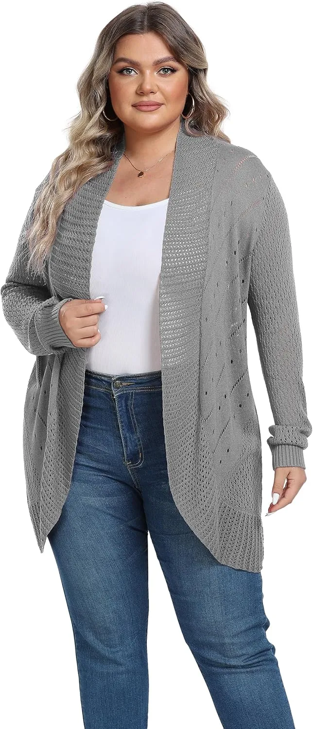 TIANZHU Plus Size Lightweight Long Crochet Cardigan for Women Open Front Knit Cardigan Sweaters Casual Loose Coat