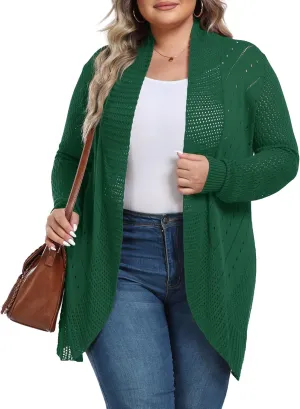 TIANZHU Plus Size Lightweight Long Crochet Cardigan for Women Open Front Knit Cardigan Sweaters Casual Loose Coat