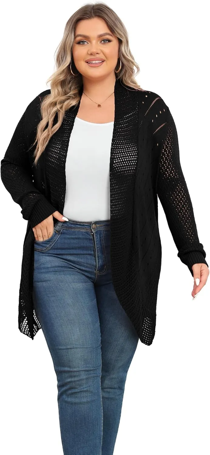 TIANZHU Plus Size Lightweight Long Crochet Cardigan for Women Open Front Knit Cardigan Sweaters Casual Loose Coat