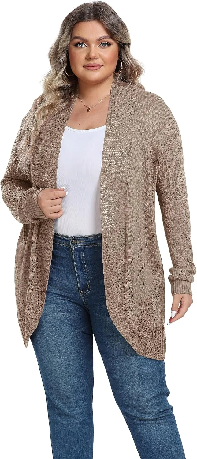 TIANZHU Plus Size Lightweight Long Crochet Cardigan for Women Open Front Knit Cardigan Sweaters Casual Loose Coat