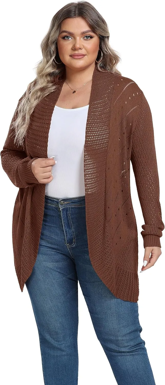 TIANZHU Plus Size Lightweight Long Crochet Cardigan for Women Open Front Knit Cardigan Sweaters Casual Loose Coat